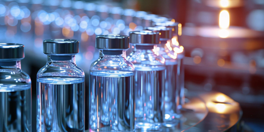 Glass vials of medicine on a production line
